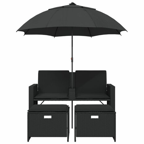 Tuinbank 2-zits met parasol en voetenbanken poly rattan zwart