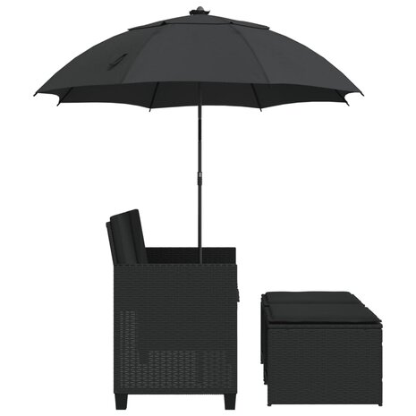 Tuinbank 2-zits met parasol en voetenbanken poly rattan zwart