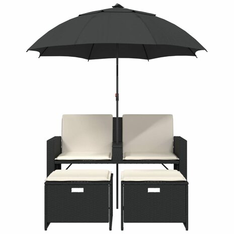 Tuinbank 2-zits met parasol en voetenbanken poly rattan zwart