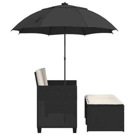 Tuinbank 2-zits met parasol en voetenbanken poly rattan zwart