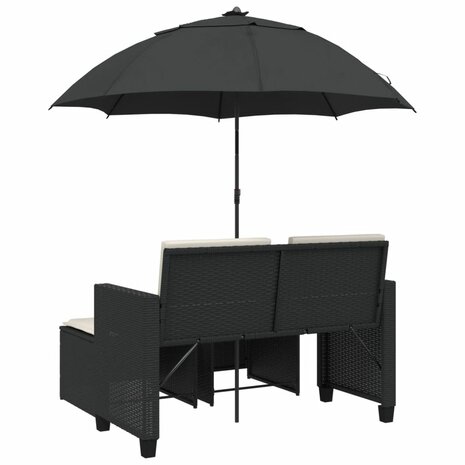 Tuinbank 2-zits met parasol en voetenbanken poly rattan zwart