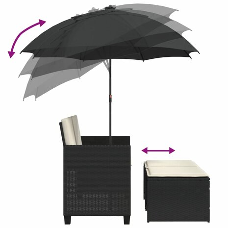 Tuinbank 2-zits met parasol en voetenbanken poly rattan zwart