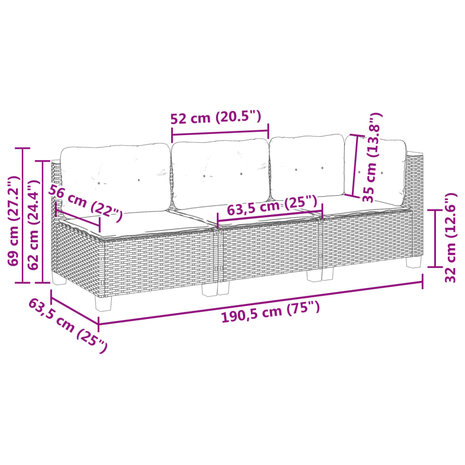 Tuinbank 3-zits met kussens poly rattan beige