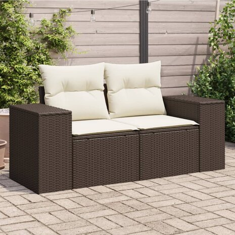 Tuinbank 2-zits met kussens poly rattan bruin