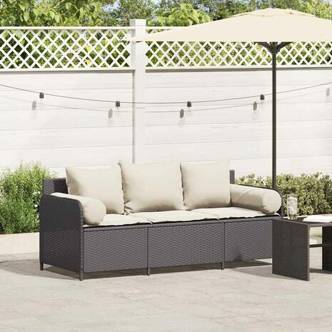 Tuinbank 3-zits met kussens poly rattan zwart