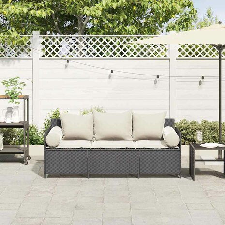 Tuinbank 3-zits met kussens poly rattan zwart