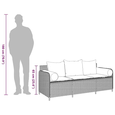 Tuinbank 3-zits met kussens poly rattan zwart
