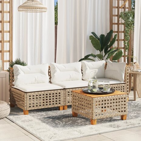 Tuinbank 3-zits met kussens poly rattan beige