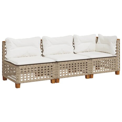 Tuinbank 3-zits met kussens poly rattan beige