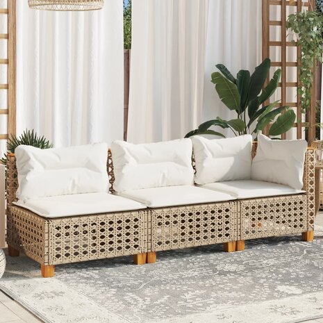 Tuinbank 3-zits met kussens poly rattan beige