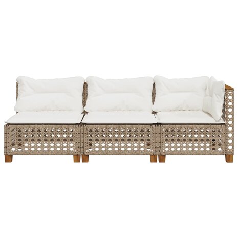 Tuinbank 3-zits met kussens poly rattan beige