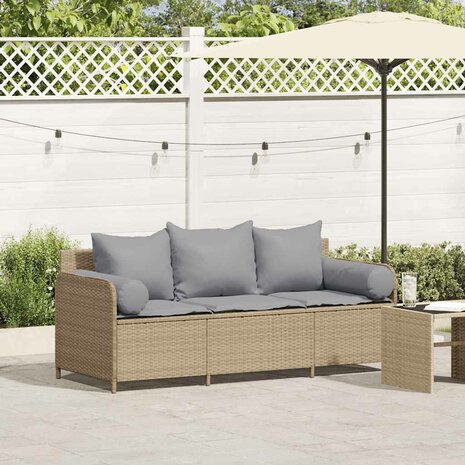 Tuinbank 3-zits met kussens poly rattan beige