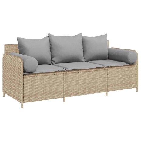 Tuinbank 3-zits met kussens poly rattan beige