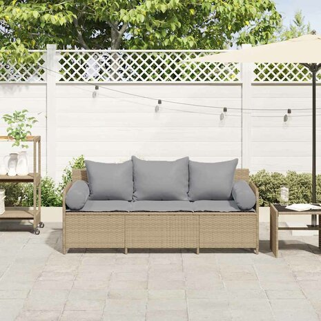 Tuinbank 3-zits met kussens poly rattan beige