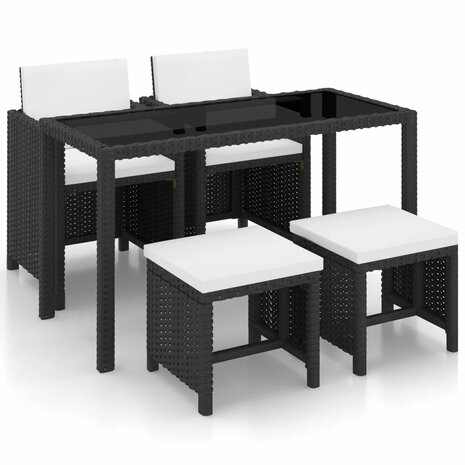 5-delige Tuinset met kussens poly rattan zwart