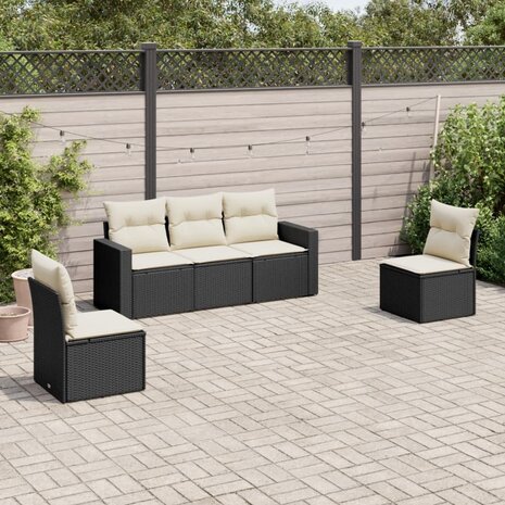 5-delige Loungeset met kussens poly rattan zwart