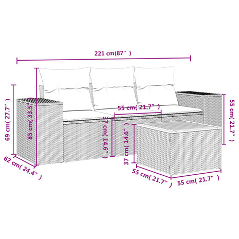 4-delige Loungeset met kussens poly rattan zwart