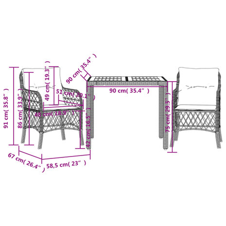 3-delige Bistroset met kussens poly rattan zwart