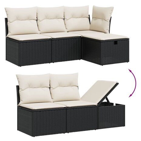 5-delige Loungeset met kussens poly rattan zwart