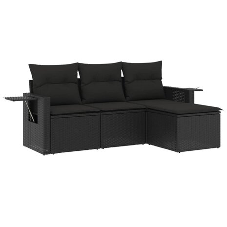 4-delige Loungeset met kussens poly rattan zwart