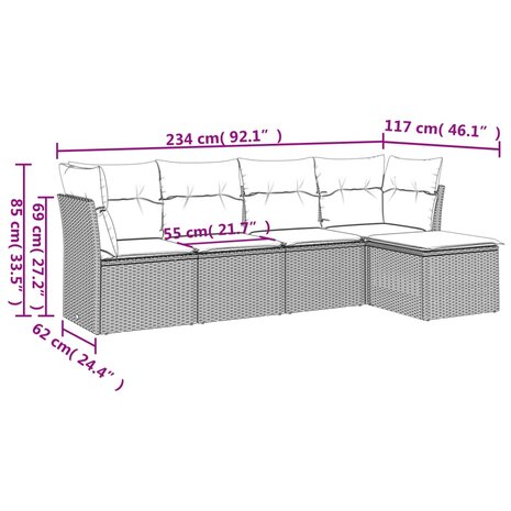 5-delige Loungeset met kussens poly rattan bruin