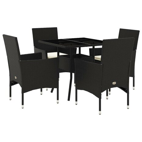 5-delige Tuinset met kussens poly rattan en glas zwart