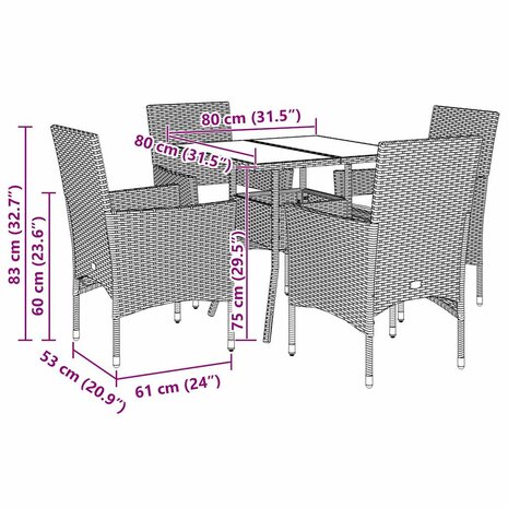 5-delige Tuinset met kussens poly rattan en glas zwart