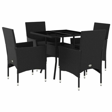 5-delige Tuinset met kussens poly rattan en glas zwart