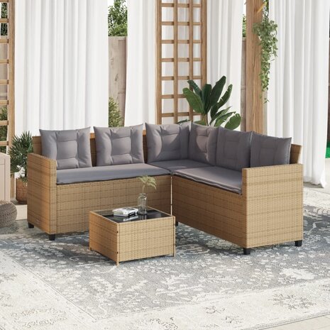 Tuinbank met tafel en kussens L-vormig poly rattan beige