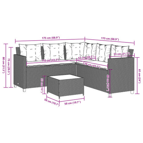 Tuinbank met tafel en kussens L-vormig poly rattan beige