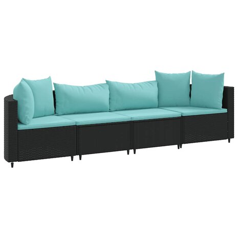4-delige Loungeset met kussens poly rattan zwart
