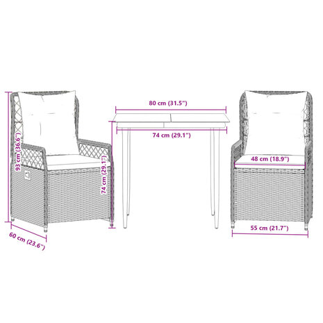 3-delige Tuinset met kussens poly rattan grijs