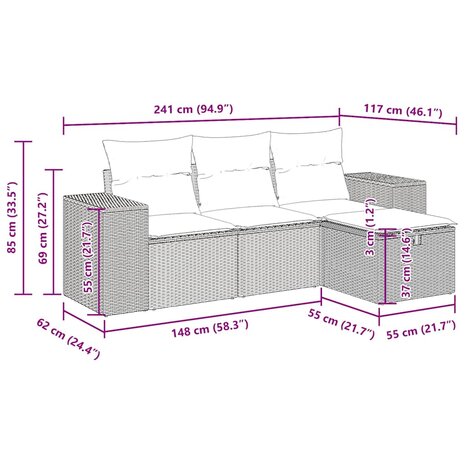4-delige Loungeset met kussens poly rattan bruin