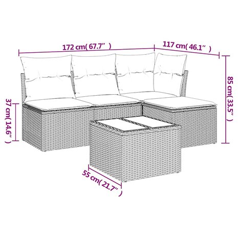 5-delige Loungeset met kussens poly rattan bruin