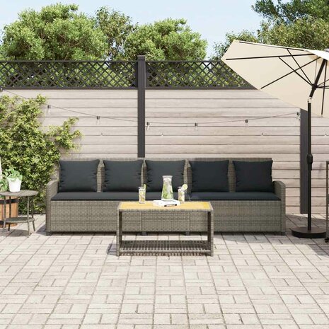 Tuinbank 5-zits met kussens poly rattan grijs