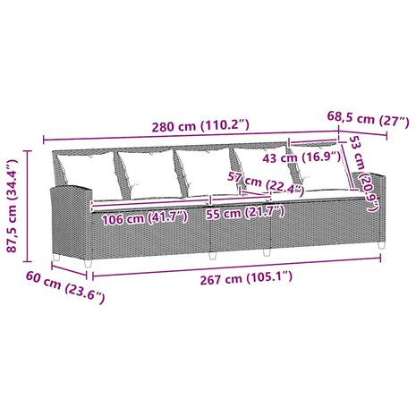 Tuinbank 5-zits met kussens poly rattan beige