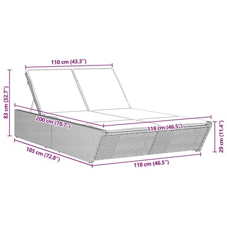 Ligbed 2-persoons met kussens poly rattan beige