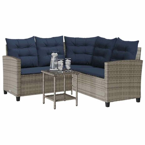 Tuinbank met tafel en kussens L-vormig poly rattan grijs