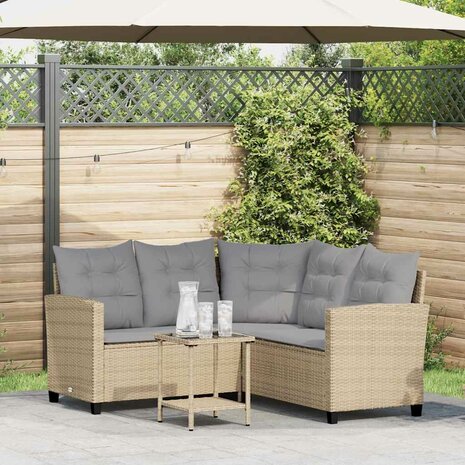 Tuinbank met tafel en kussens L-vormig beige poly rattan