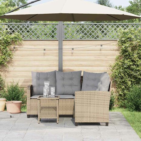 Tuinbank met tafel en kussens L-vormig beige poly rattan
