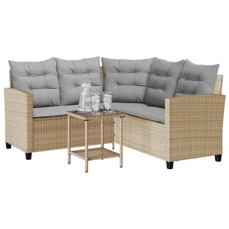 Tuinbank met tafel en kussens L-vormig beige poly rattan