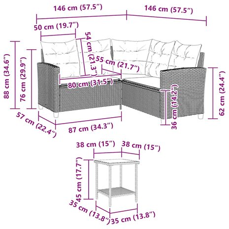 Tuinbank met tafel en kussens L-vormig beige poly rattan