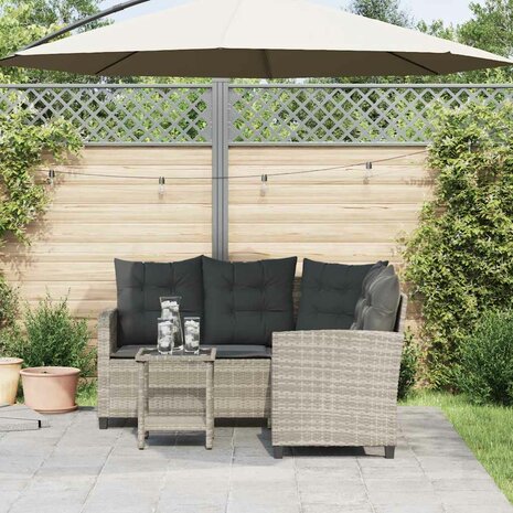 Tuinbank met tafel en kussens L-vormig poly rattan lichtgrijs