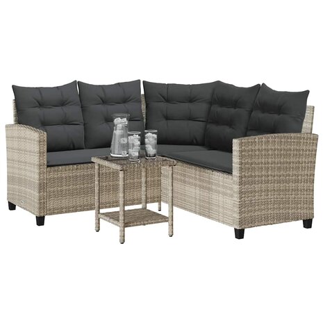 Tuinbank met tafel en kussens L-vormig poly rattan lichtgrijs