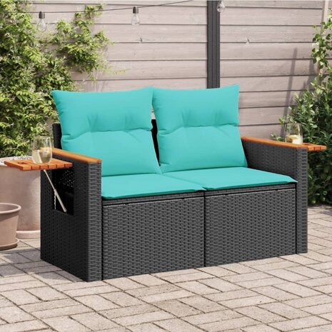 Tuinbank met kussens 2-zits poly rattan zwart