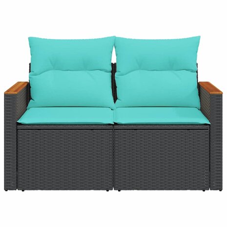 Tuinbank met kussens 2-zits poly rattan zwart