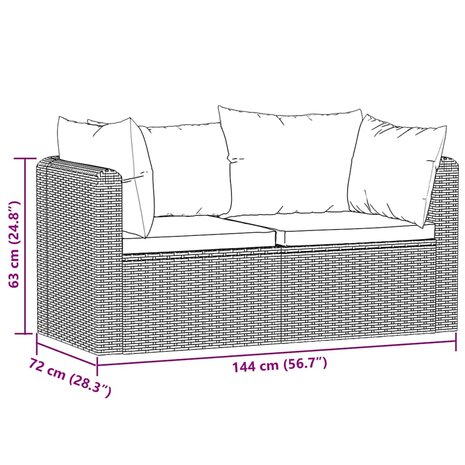 2-delige Loungeset met kussens poly rattan zwart