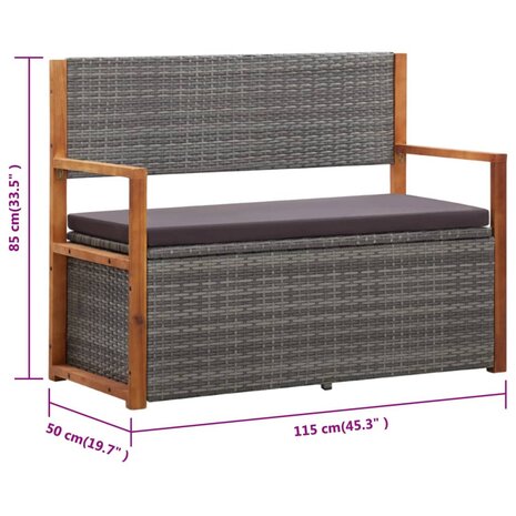 Opbergbankje 115 cm poly rattan en massief acaciahout grijs
