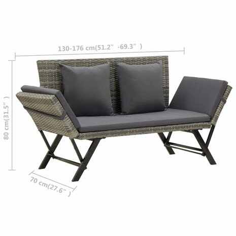 Tuinbankje met kussens 176 cm poly rattan grijs