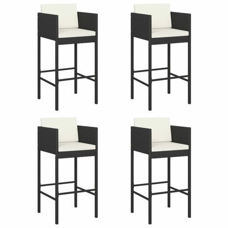 Barkrukken 4 st met kussens poly rattan zwart